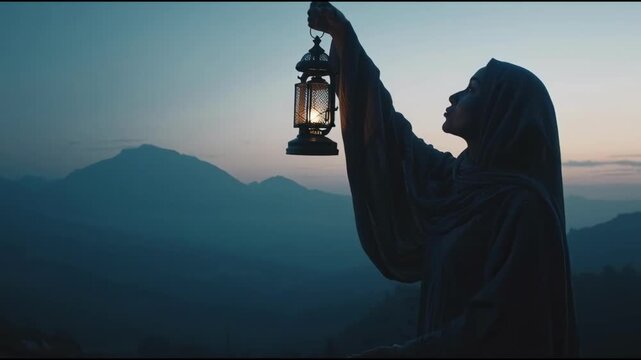 Muslim Woman Raising Lantern Against Mountain Landscape at Dawn Cinematic Ramadan Celebration