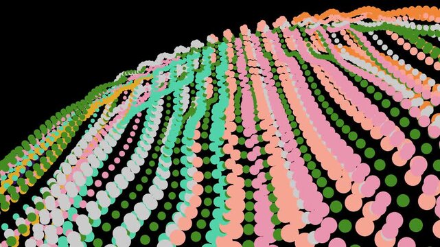 A vibrant abstract background features a textured pattern of colorful stripes and lines crafted with pink, yellow, and green beads on a fashion textile material