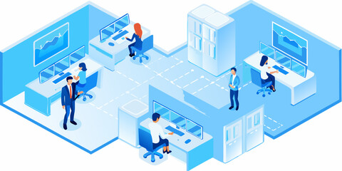 Fototapeta premium Isometric illustration of a modern open plan office workspace with employees