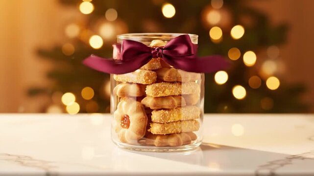 Stop motion commercial style close up on glossy marble surface A clear glass jar stands ready as buttery nastar and golden kaastengels rise and arrange themselves perfectly inside A satin ribbon wraps