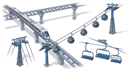 Modern transportation systems including a high-speed train and cable cars. © Efan