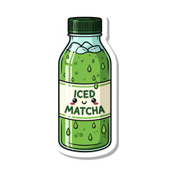 Playful illustration of a bottle filled with iced matcha, featuring a cute face and green hues, isolated on a white background with a whimsical design