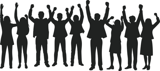 Business, people, silhouettes, celebration, success, team, unity, raised, hands, corporate, professionals, group, achievement, motivation, leadership, workplace, diversity, energy, flat, illustration