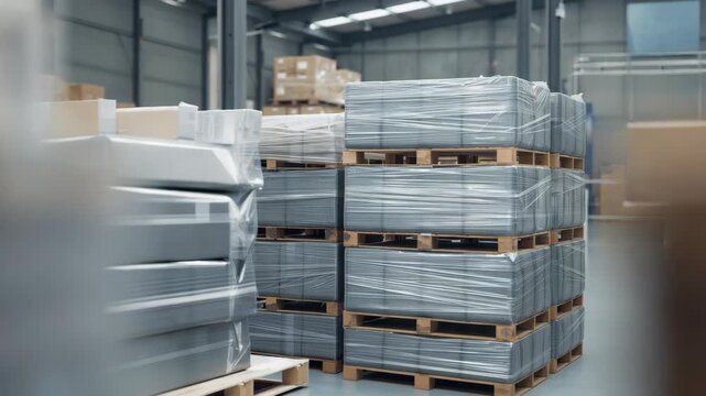 Stacked pallets pallet jack with wrapped metal sheet sheet metal bright warehouse industrial