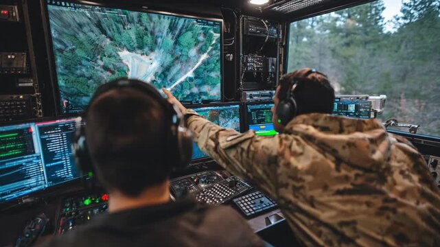 Dynamic medium shot showing operators controlling antidrone technology from a command center during a counterunmanned aerial system operation.