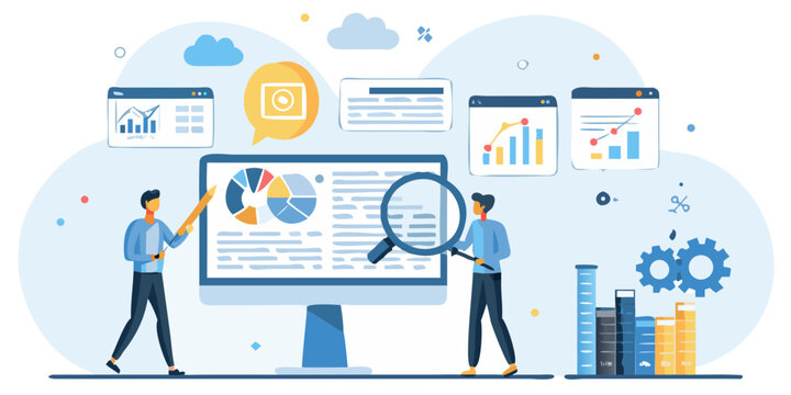 Data analysis and cloud computing concept with people examining charts