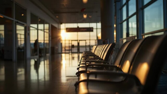 Empty airport seating and terminal reflection lit by warm sunrise light creating calm travel