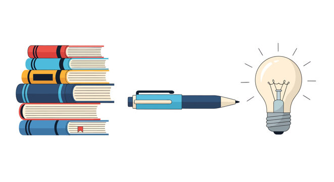 Stack of Books, Pen, and Lightbulb Representing Ideas