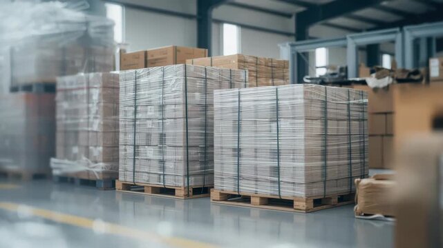 Pallet cardboard boxes stacked bright warehouse wrapped and organized for efficient logistics