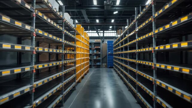 Warehouse aisle with empty metal shelf rows and yellow storage bin stacks creating industrial depth