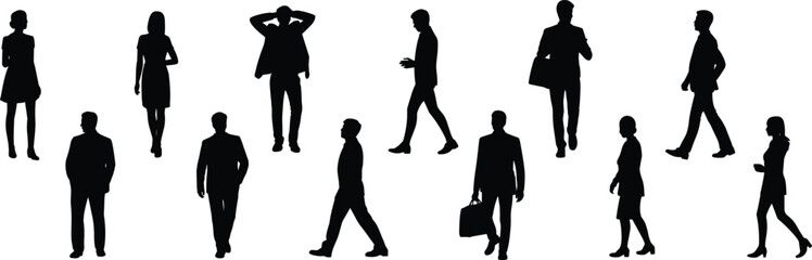 People, silhouettes, walking, standing, business, lifestyle, diverse, men, women, movement, casual, professionals, urban, individuals, modern, isolated, vector, design, flat, illustration