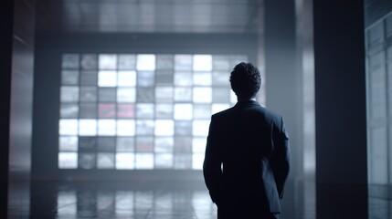 Fototapeta premium Man stands in front of a large screen in a dark room at night while looking at the bright display