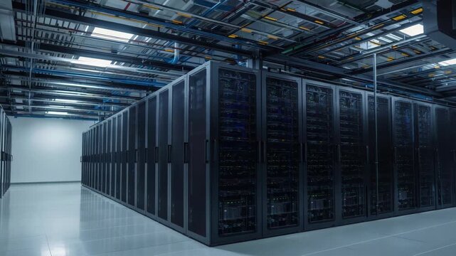 Modern data center server rack aisle with rows of cabinet and blue lighting creating focused