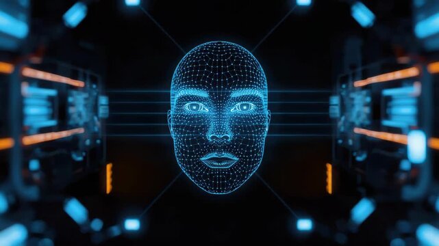 Futuristic blue digital face hologram wireframe with glowing data streams and cybernetic technology