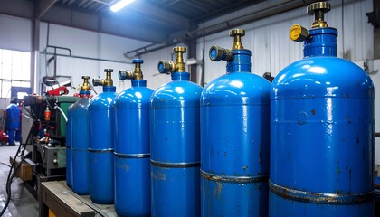 Naklejka premium Row of blue gas cylinders with brass valves in a workshop setting, industrial equipment lined up against a wall
