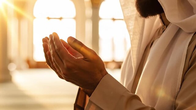 Close-up of a man in traditional white clothing holding his hands open in dua prayer while sitting inside a bright and sunlit mosque interior