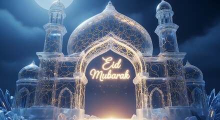 Eid mubarak celebration with illuminated traditional architecture and festive lights