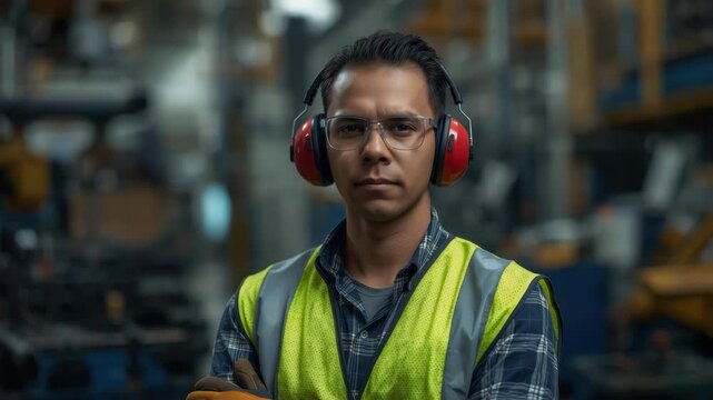 Industrial worker safety vest and earmuffs workshop warehouse technician focused with folded arms