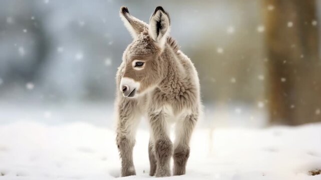 Cute Baby Donkey In Snow
