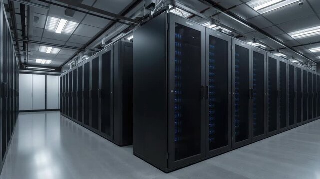 Spacious data center aisle with black server rack and blue light in network cabinet colocation