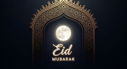 Celebratory image of eid mubarak with a crescent moon and decorative archway