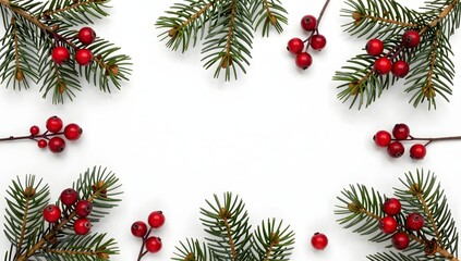 Festive frame with green fir branches and red berries on a white surface