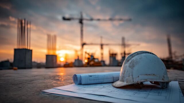 Construction Site At Sunset With Crane
