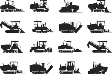 Tracked construction machinery silhouettes collection showing bulldozers and earthmoving vehicles in multiple working positions, heavy equipment for road building and industrial construction © SreeShontusChandra