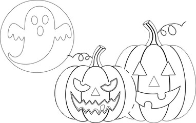 Fototapeta premium Three distinct elements. On the left, there's a white ghost with a surprised expression, floating inside a blue circle. In the center, there are two orange pumpkins.