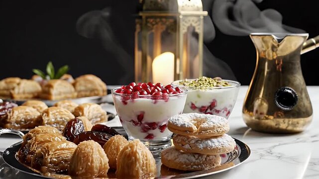 Ramadan Dessert Platter with Turkish Coffee and Pomegranate Custard on Marble Table with Soft Lighting