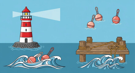 Nautical elements including lighthouse buoys and pier in the ocean. © Peri