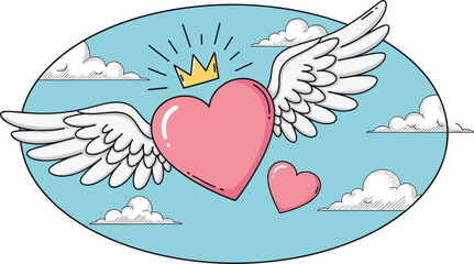 Naklejka premium Flying Heart with Wings and Crown Illustration in Cartoon Style Vector Design for Love Symbol, Valentine Card and Romantic Decoration