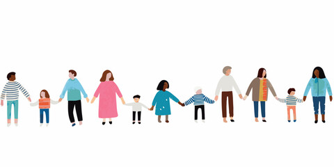 A diverse group of people holding hands in a horizontal line