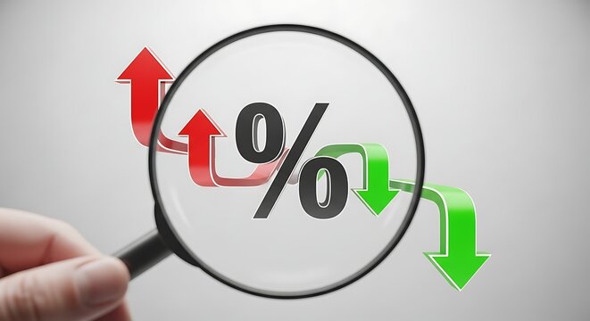 Percentage symbol with rising and falling arrows under magnifying glass