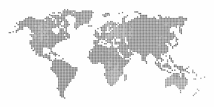 A dotted world map illustration with continents and oceans clearly defined