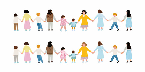 Diverse group of people holding hands in a colorful illustrated design