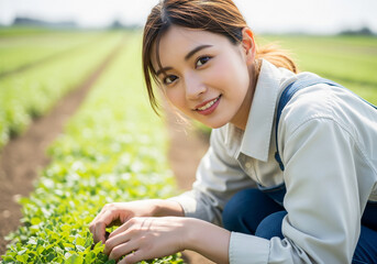 陽光が降り注ぐ広大な畑で苗を優しく手入れする笑顔の女性