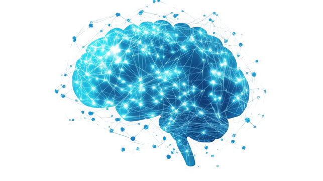 Digital representation of a luminous blue human brain silhouette intricately connected by a glowing abstract network of lines and nodes on transparent background