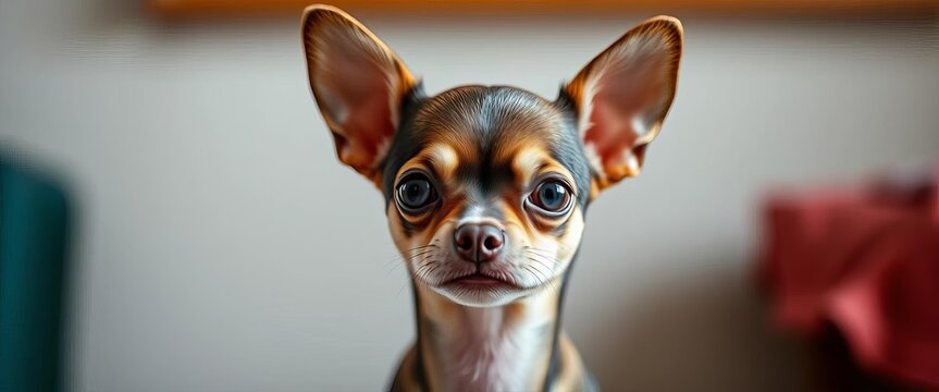 A tiny chihuahua, ears perked, intensely gazing at the camera,  animal portrait,  close up