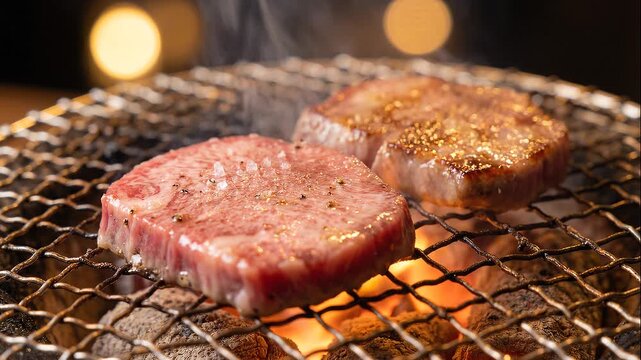 Thick sliced beef tongue or gyutan grilling over charcoal grill with glowing flames