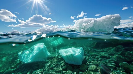 Fototapeta premium Crystal Clear Waters with Icebergs and Rocks Beneath a Bright Sunny Sky in a Serene Natural Landscape