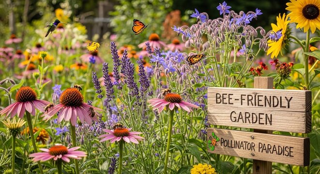 Vibrant Bee Friendly Garden with Flowers.