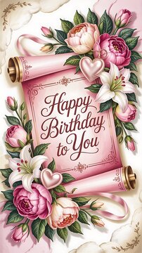 Pink birthday greeting card with flowers and hearts