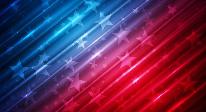 Vibrant abstract american flag background with stars and light streaks in red white and blue colors for patriotic designs
