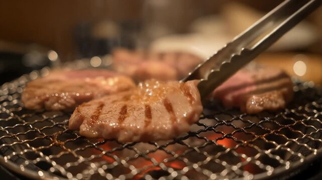 Beef tongue or gyutan being flipped with tongs on a smoky grill. 