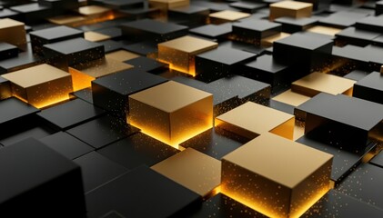 Golden Cubes: An abstract arrangement of gold and dark cubes, illuminated with an inner glow, creating a striking visual.