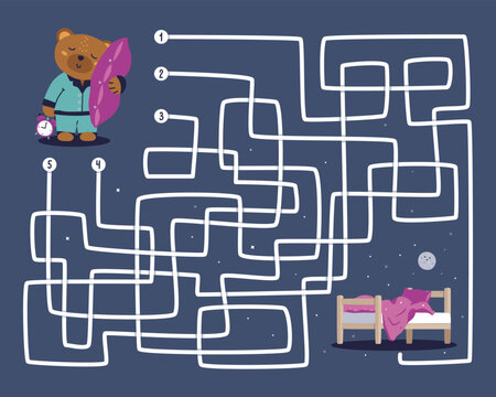 Educational maze with a cute bear in pajamas who wants to sleep. The bear is looking for his way to his bed. Fun maze game with a cute teddy bear. Printable holiday activity, bear worksheet.