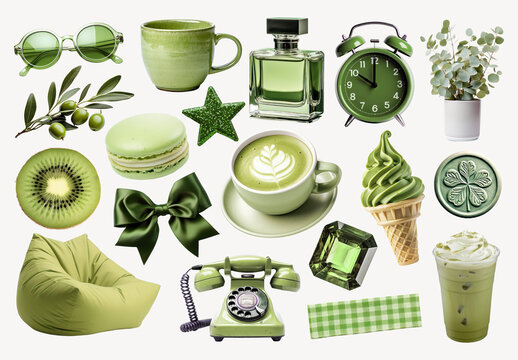 Green Themed Of Objects Element Design Set