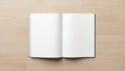 Blank open pocket book square-size, catalog magazine, brochure note mockup template paper texture copyspace on white pine wood desk table