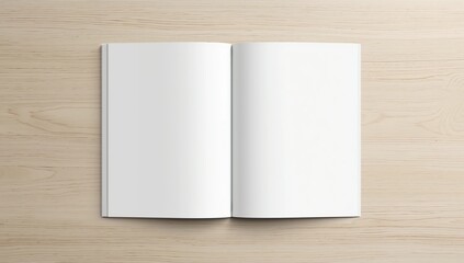 Blank open pocket book square-size, catalog magazine, brochure note mockup template paper texture copyspace on white pine wood desk table